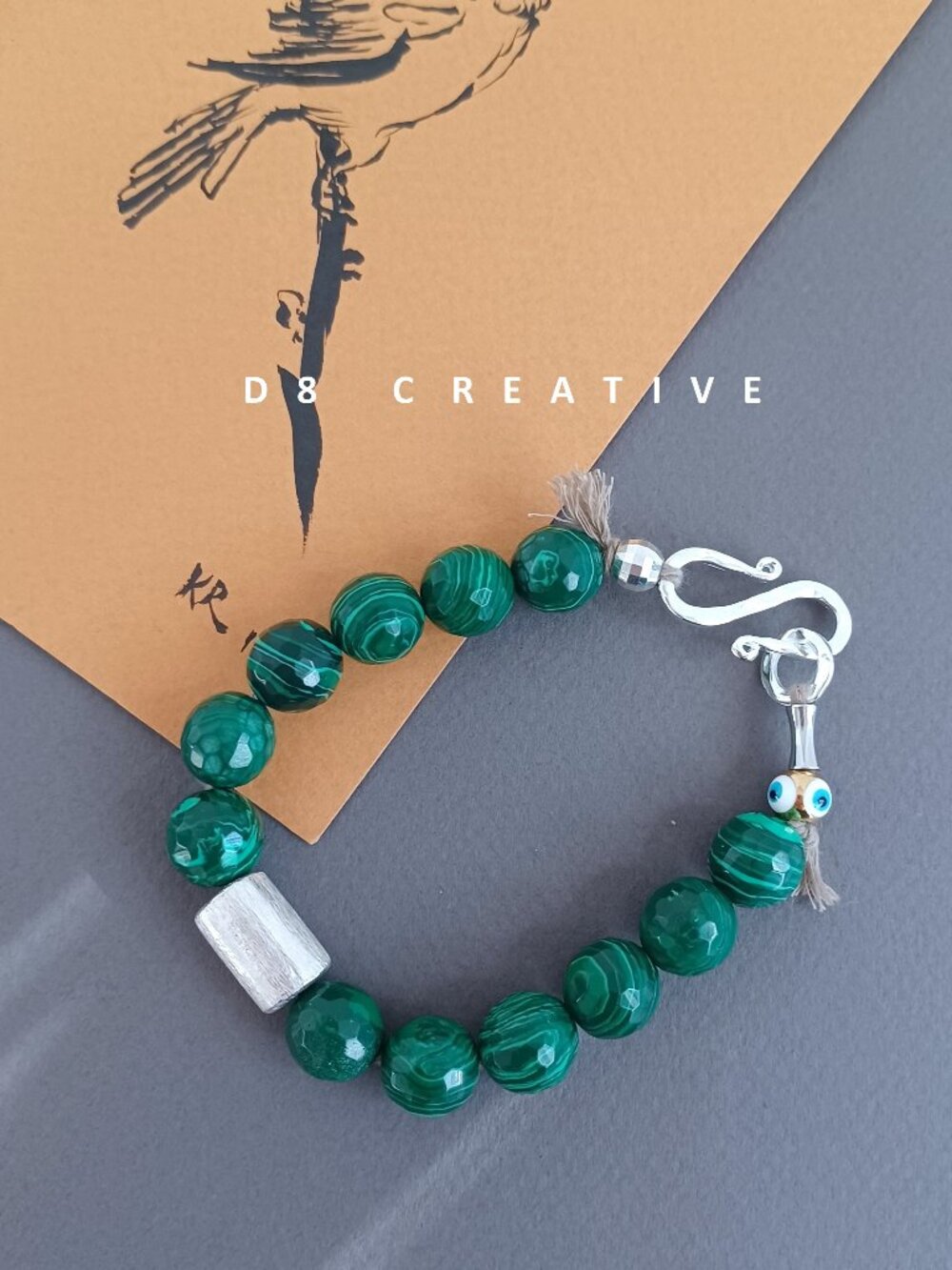 New men's 925 sterling silver with malachite stone and stainless steel bracelet